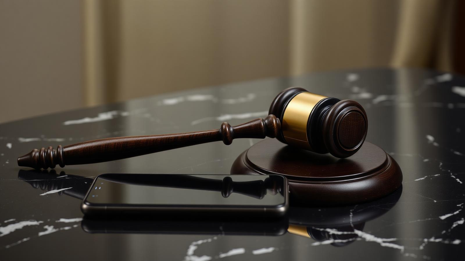 Auction gavel next to a smartphone on a dark marble table