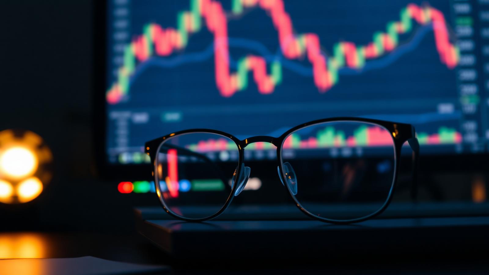 Trading charts glowing on a monitor behind eyeglasses on a dark desk