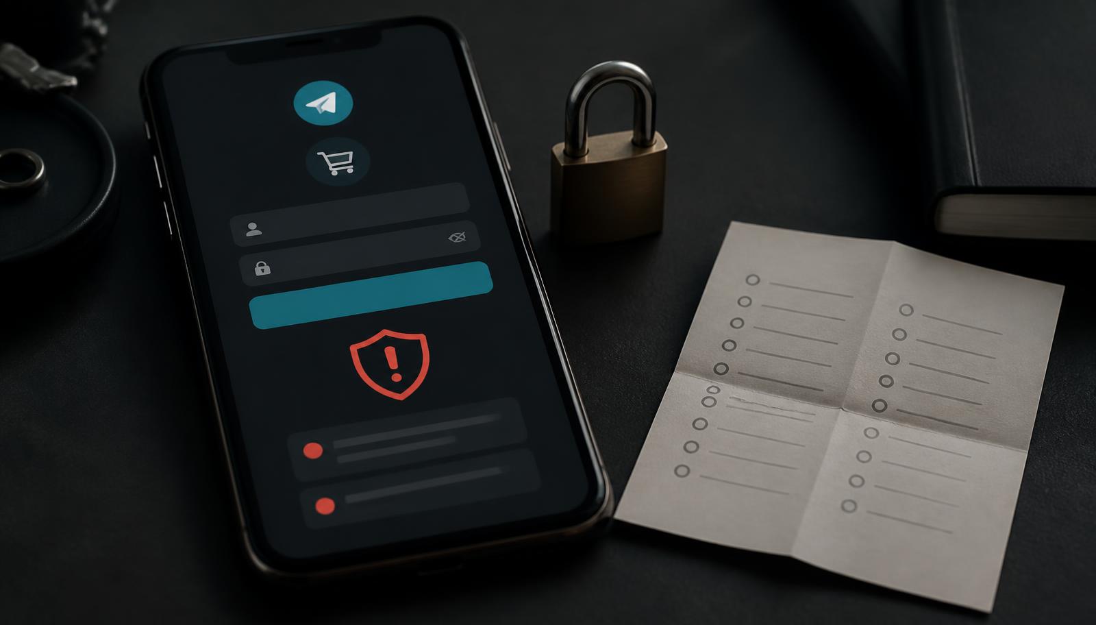 Smartphone showing a suspicious login prompt next to a padlock and recovery-phrase checklist on a dark desk