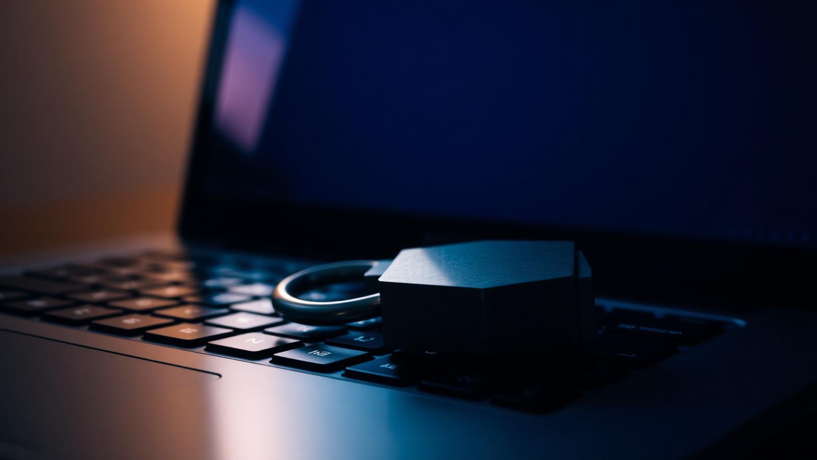 Padlock resting on a laptop keyboard in a dimly lit room